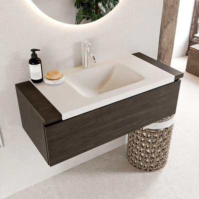 Mondiaz BUKLA Ensemble de meuble - 100x45x34cm - 1 trou de robinet - lavabo centré - solid surface - Talc - sans poignée - 1 tiroir - Mélamine - Marron foncé