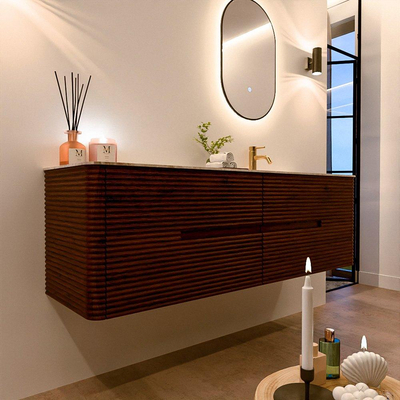 Mondiaz CIRO-DLUX Meuble de salle de bains - 160x45x50cm - Plan de toilette en solid surface Frappe - 1 vasque à droite - 1 trou de robinetterie - 4 tiroirs - Ruby