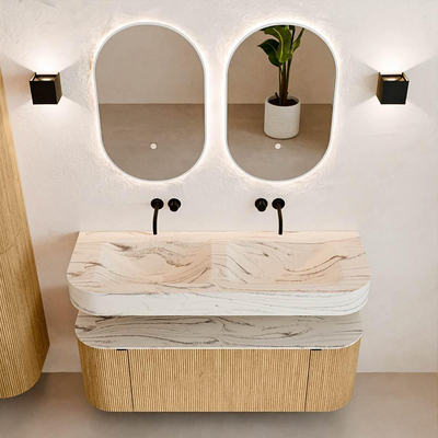 MONDIAZ THOR-DLUX 130cm badmeubel ronding links + rechts kleur Oak met 1 lade en 2 deuren. Vrijhangende wastafel CLOUD Dubbel zonder kraangat kleur Nata.