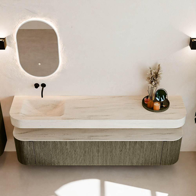 MONDIAZ THOR-DLUX 200cm meuble de salle de bains arrondi gauche + droite couleur Shadow avec 2 tiroirs et 2 portes. Vasque suspendue CLOUD Gauche sans trou de robinet couleur Meli.