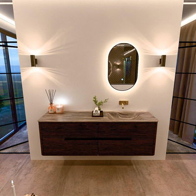 Mondiaz CIRO-DLUX Badkamermeubelset - 160x45x50cm - Solid surface wastafel Sombra - 1 wasbak Rechts - zonder kraangaten - 4 lades - Walnut