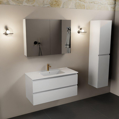 Mondiaz Aivy badmeubelset - 100x45x50cm - 1 kraangat - 1 wasbak talc Keramiek - Midden - 2 lades - Met spiegelkast - MDF Talc
