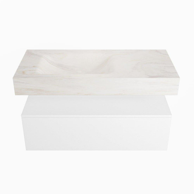 Mondiaz ALAN-DLUX Ensemble de meuble - 100cm - meuble Talc mat - 1 tiroir - Lavabo Cloud Ostra suspendu - vasque Gauche - 0 trous de robinet