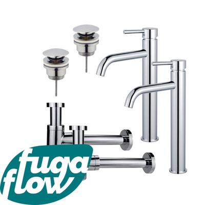 FugaFlow Eccelente Sobrado Badkamer Wastafelkraanset - voor dubbele wastafel - verhoogde wastafelkraan - klikwaste plug - verlaagde design sifon - Chroom