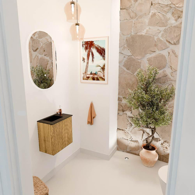 Mondiaz JOYA 40cm toiletmeubel - kleur Oak - Wastafel FAYE positie Links 1 kraangat kleur Urban.