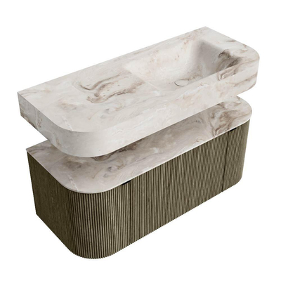 MONDIAZ THOR-DLUX Meuble de salle de bains 110cm arrondi gauche + droite couleur Shadow avec 1 tiroir et 2 portes. Vasque suspendue CLOUD Droite sans trou de robinet couleur Frappe.