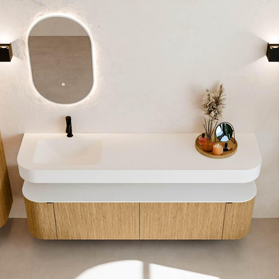 MONDIAZ THOR Meuble de salle de bains 180cm arrondi gauche + droite couleur Oak avec 2 tiroirs et 2 portes. Vasque suspendue CLOUD Gauche 1 trou de robinet couleur Talc.