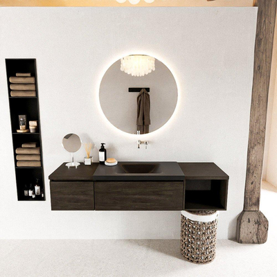 MONDIAZ BUKLA 160cm badmeubel met open module 40 rechts kleur Dark Brown met 2 lades. Wastafel CLOUD midden 0 kraangaten kleur Urban.
