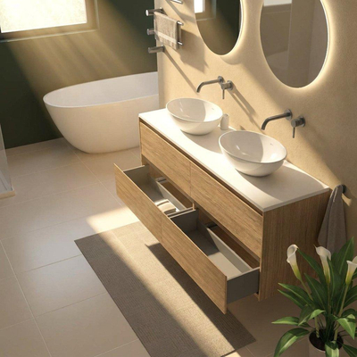 Saniclass Holz Pure Ensemble de meubles de salle de bains - 160x45x62,5cm - plan supérieur Torino en solid surface blanc - sans trou de robinetterie - 4 tiroirs - chêne natural mat (bois)