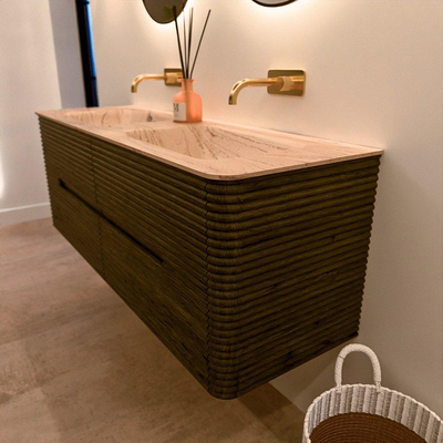 Mondiaz CIRO-DLUX Ensemble de meubles de salle de bains - 140x45x50cm - Plan vasque solid surface Arena - 2 vasques double - sans trous de robinet - 4 tiroirs - Shadow