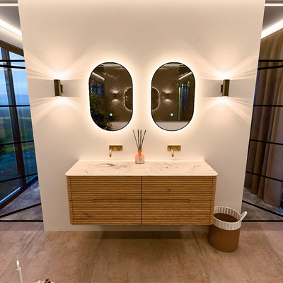 Mondiaz CIRO-DLUX Meuble de salle de bains - 140x45x50cm - Vasque solid surface Nata - 2 bassins Double - sans trous de robinetterie - 4 tiroirs - Chêne