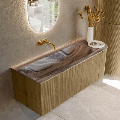 MONDIAZ KURVE-DLUX Meuble de salle de bains 125cm arrondi à droite couleur Dusk avec 1 tiroir et 1 porte. Lavabo BIG MEDIUM à gauche sans trou de robinet Sombra.