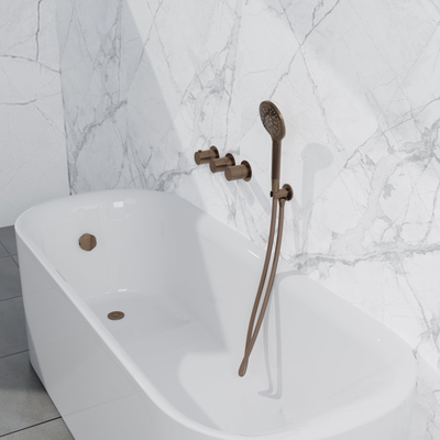 Fortifura Nebbio Ensemble combiné bain - robinet thermostatique - coude mural avec support de douchette - flexible de douche métallique - douchette ronde - Remplissage-vidage de baignoire - cuivre brossé PVD (cuivre)