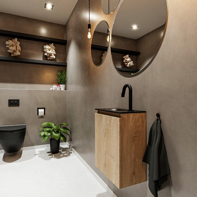 MONDIAZ TURE Fonteinset - 40x23x50cm - 1 kraangat - 1 deur - washed oak mat - Wasbak links - Solid Surface Zwart