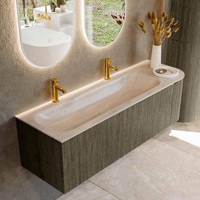 MONDIAZ KURVE-DLUX 145cm meuble de salle de bains arrondi Droit couleur Shadow avec 1 tiroir et 1 porte. Lavabo BIG LARGE Gauche 2 trous de robinet Meli.