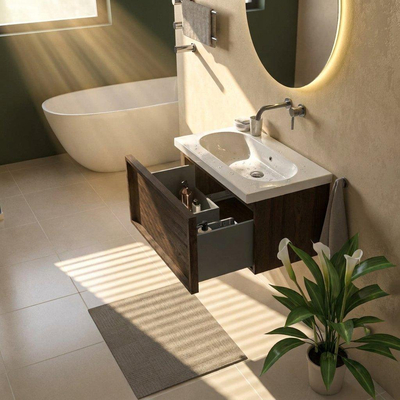 Saniclass Holz Frame Ensemble de meubles de salle de bains - 80x45x43.5cm - lavabo en céramique Palermo blanc - 1 vasque - sans trou de robinet - 1 tiroir - chêne charcoal mat (bois)
