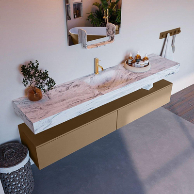Mondiaz ALAN-DLUX Ensemble de meuble - 200cm - meuble Oro mat - 2 tiroirs - Lavabo Cloud Glace suspendu - vasque Centre - 1 trou de robinet