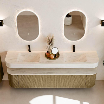 MONDIAZ THOR-DLUX 200cm meuble de salle de bains arrondi gauche + droite couleur Dusk avec 2 tiroirs et 2 portes. Vasque suspendue CLOUD Double 2 trous de robinet couleur Meli.