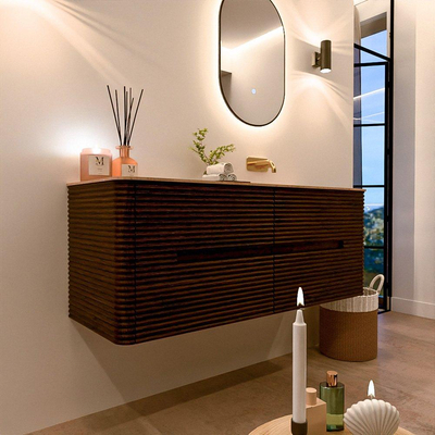 Mondiaz CIRO-DLUX Badkamermeubelset - 130x45x50cm - Solid surface wastafel Saba - 1 wasbak Rechts - zonder kraangaten - 4 lades - Walnut