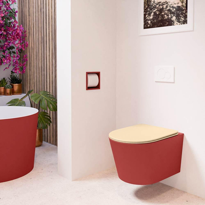 Mondiaz LAVIE hangtoilet – spoelrandloos – 36 x 53 cm – met softclose zitting – Fire (rood), zitting Sand (beige)