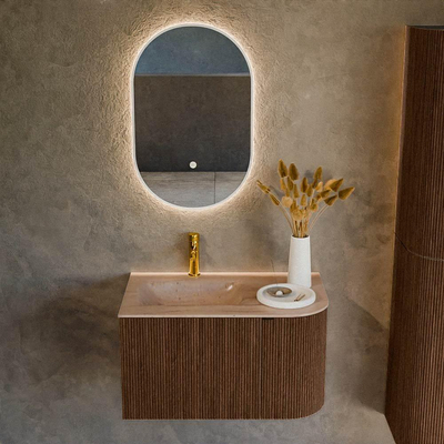 MONDIAZ KURVE-DLUX meuble de salle de bains 75cm arrondi droit couleur noyer avec 1 tiroir et 1 porte. Lavabo GRUNNE gauche 1 trou de robinet Saba.