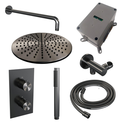 Brauer Gunmetal Edition Regendoucheset inbouw - hoofddouche 30cm - Gladde knop - handdouche staaf 1 stand - PVD - geborsteld gunmetal