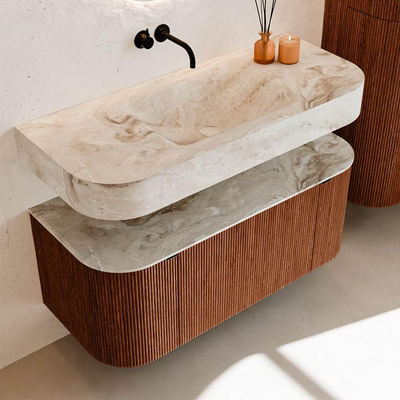 MONDIAZ THOR-DLUX 110cm meuble de salle de bains arrondi gauche + droite couleur Ruby avec 1 tiroir et 2 portes. Vasque suspendue CLOUD Centre sans trou de robinet couleur Frappe.