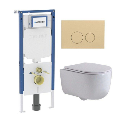 QeramiQ Dely Swirl Pack WC - 36.3x51.7cm - réservoir encastré Geberit UP720 Duofix Sigma - abattant mince - plaque de déclenchement beige - boutons ronds - blanc brillant