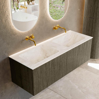 Mondiaz KURVE-DLUX Ensemble de meuble salle de bain - 130x46x40cm - 2 tiroirs - lavabo en solid surface - double - sans trou de robinet - Shadow