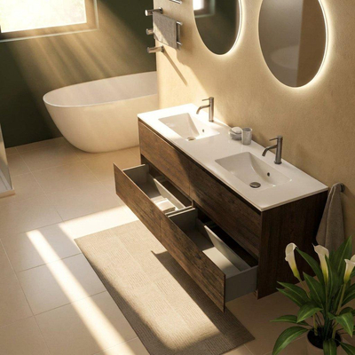Saniclass Holz Pure Ensemble meuble de salle de bains - 160x45x62cm - lavabo Vygo en céramique blanc - 2 vasques - 2 trous de robinetterie - 4 tiroirs - chêne charcoal mat (bois)