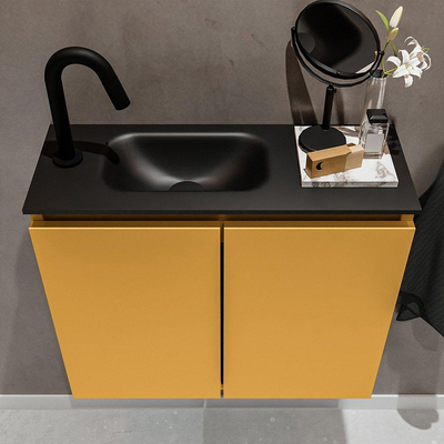 MONDIAZ TURE Toiletmeubel 60x23x50cm met 1 kraangaten 2 deuren ocher mat Wastafel Eden links Solid Surface Zwart