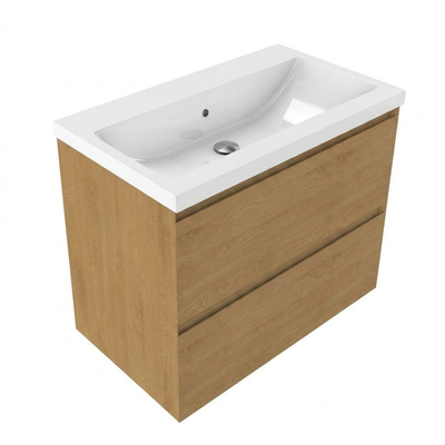 Saniclass Holz Pure Ensemble meuble de salle de bains - 80x45x63.5cm - lavabo Bari en céramique blanc - 1 vasque - sans trou de robinet - 2 tiroirs - chêne natural mat (bois)