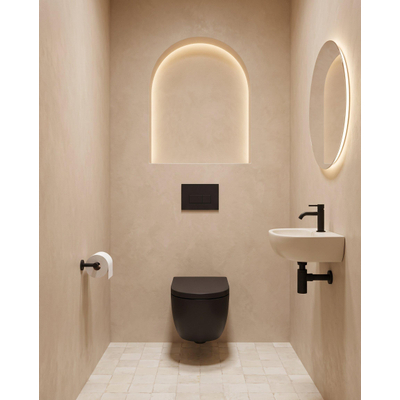 QeramiQ Dely Swirl Toiletset - 36.3x51.7cm - Geberit UP320 inbouwreservoir - met Burda frame - slimzitting - bedieningsplaat antraciet mat - rechthoekige knoppen - mat zwart