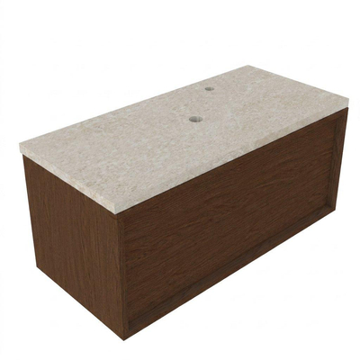 Saniclass Holz Frame Ensemble de meubles de salle de bains - 100x45x43cm - Plan de toilette en pierre naturelle travertin - 1 trou de robinet - 1 tiroir - walnut pure mat (bois)