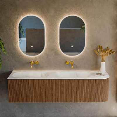 MONDIAZ KURVE-DLUX 165cm Meuble salle de bain avec module 25 D - couleur Walnut - 2 tiroirs - 1 porte - vasque STOR SMALL double / gauche - sans trou de robinet - couleur Opalo