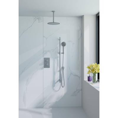 Fortifura Calvi Ensemble de douche pluie encastrable - thermostatique - bras plafond - pommeau 25cm - barre curseur - douchette ronde - flexible lisse - Inox brossé