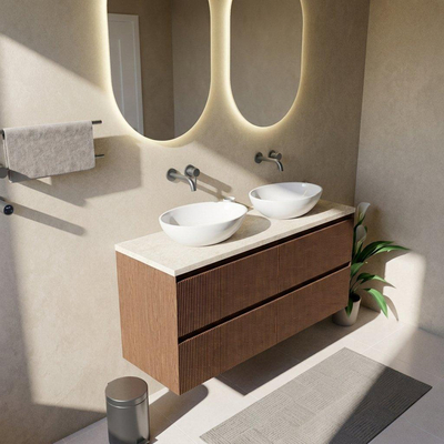 Saniclass Holz Atelier Ensemble de meubles de salle de bains - 140x45x63cm - Plan de toilette en pierre naturelle travertin - sans trou de robinetterie - 4 tiroirs - walnut pure mat (bois)