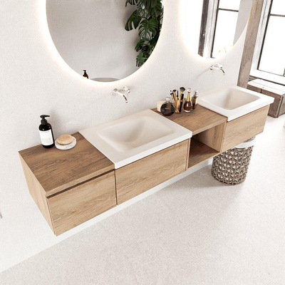 Mondiaz BUKLA badkamermeubelset 200x45x34cm 0 kraangaten 2 wasbakken solid surface Talc greeploos 3 lades met softclose Melamine Washed Oak