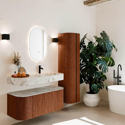 MONDIAZ THOR-DLUX Meuble de salle de bains - 110cm - arrondi gauche + droite - couleur Ruby - 1 tiroir et 2 portes - Vasque suspendue CLOUD Droite 1 trou de robinet - couleur Glace