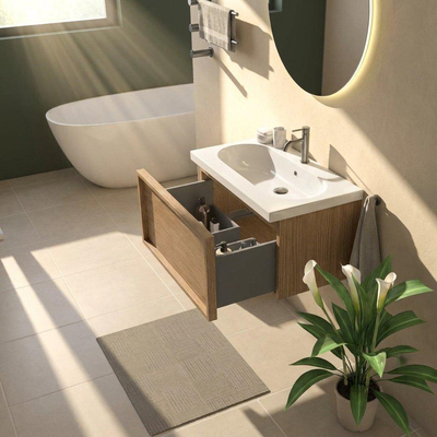 Saniclass Holz Frame Ensemble meuble de salle de bains - 80x45x43.5cm - lavabo en céramique Palermo blanc - 1 vasque - 1 trou de robinetterie - 1 tiroir - chêne naturel mat (bois)
