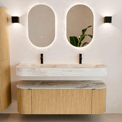 MONDIAZ THOR-DLUX 140cm meuble de salle de bains arrondi gauche + droite couleur Oak avec 1 tiroir et 2 portes. Vasque suspendue CLOUD Double 2 trous de robinet couleur Frappe.