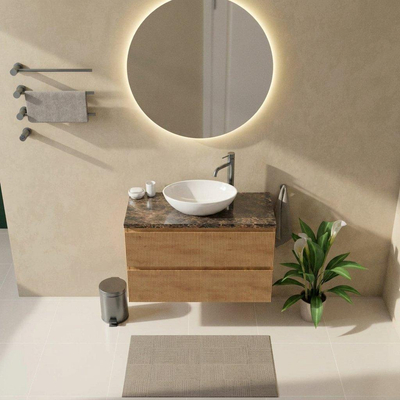 Saniclass Holz Atelier Ensemble meuble de salle de bains - 100x45x63cm - Noche plateau en pierre naturelle dark emperador - 1 trou de robinet - 2 tiroirs - chêne natural mat (bois)