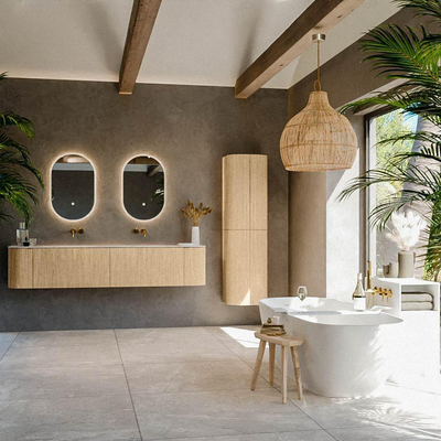 MONDIAZ KURVE-DLUX Meuble de salle de bains 200cm arrondi Gauche + Droite couleur Chêne avec 2 tiroirs et 2 portes. Lavabo STOR SMALL Double sans trou de robinet Nata.