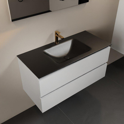 Mondiaz Aivy badmeubelset - 100x45x50cm - 1 kraangat - 1 wasbak urban Solid surface - Midden - 2 lades - Met spiegel - MDF Talc