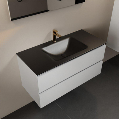 Mondiaz AIVY Ensemble de meuble - 100x45x50cm - 1 trou de robinet - 1 vasque Urban Solid surface - Centre - 2 tiroirs - avec miroir - MDF Talc