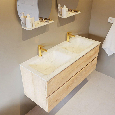 MONDIAZ VICA-DLUX Ensemble meuble de salle de bains - 120cm - meuble bas Washed oak - 2 tiroirs - lavabo encastré cloud double - 2 trous de robinetterie - version haute 60cm - opalo