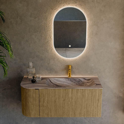 MONDIAZ KURVE-DLUX 105cm badmeubel ronding Links kleur Dusk met 1 lade en 1 deur. Wastafel BIG SMALL Rechts 1 kraangat Sombra.