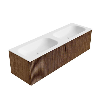 MONDIAZ KURVE 150cm Meuble salle de bain - couleur Walnut - 2 tiroirs - vasque BIG SMALL double - 2 trous de robinet - Talc