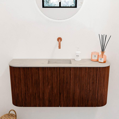 Mondiaz JOYA-DLUX Meuble de salle de bains 93,2cm - arrondi gauche et droite couleur Ruby - Vasque FAYE position Milieu Sans trou de robinet couleur Opalo