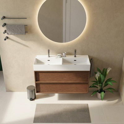 Saniclass Holz Frame Ensemble de meubles de salle de bains - 120x45x72cm - Legend lavabo en céramique blanc mat - 2 vasques - 2 trous de robinet - 2 tiroirs - walnut pure mat (bois)